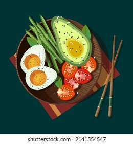 Bowl topped with egg, tomato, avocado and string beans. Top view isolated vector illustration.