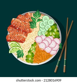 Bowl topped and fish  cucumber  carrot  rice  beans   radish  Top view isolated vector illustration 