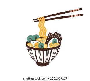 Bowl of traditional asian noodle soup. Ramen with eggs and greens. Noodles hanging on chopsticks. Oriental cuisine. Healthy Japanese fast food. Flat vector illustration isolated on white background