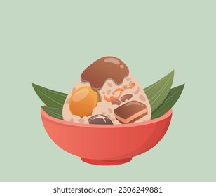 A bowl of traditional Chinese and Taiwanese food, glutinous rice or rice dumplings with bamboo leaves, food for the Dragon Boat Festival, wrapped with egg yolk and pork with shiitake mushrooms 