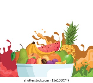 bowl with tropical fruits over splash juices and white background, colorful design , vector illustration