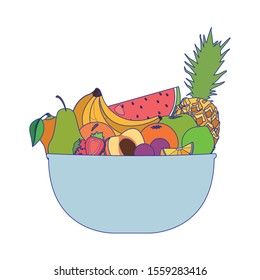 bowl with tropical fruits over white background, vector illustration