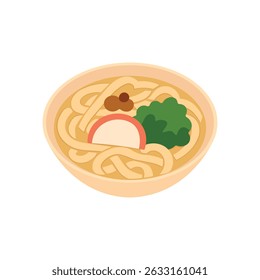 Bowl of udon noodles. Thick ramen noodles in broth. Illustration is ideal for use in digital menus, Japanese cuisine, or food-themed designs. Vector isolated on a white background.