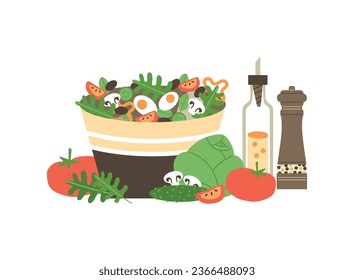 Bowl with vegetable salad flat style, vector illustration isolated on white background. Decorative design element, cooking and culinary. Eggs, mushrooms, tomatoes and cucumbers, spices ingredients