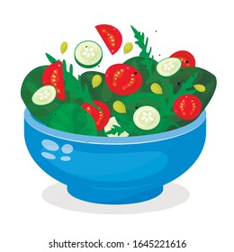 Bowl of vegetable salad, fresh vegetarian food. Healthy, tasty, mixed balanced meal. Vector flat style cartoon salad illustration isolated on white background