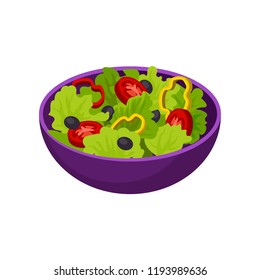 Bowl with vegetable salad. Natural and healthy food. Tasty vegetarian dish. Isometric vector element for cafe menu