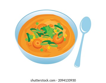 Bowl of vegetable soup with carrots icon vector. Healthy vegetable broth icon. Vegetable soup icon isolated on a white background