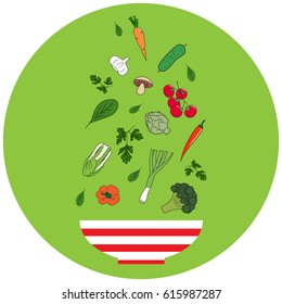 Bowl with vegetables. Flat design. Hand drawn vector illustration