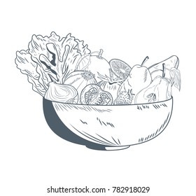 Bowl with vegetables and fruits hand draw