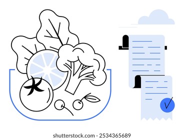Cuenco con verduras y frutas, incluyendo tomate, brócoli y rodajas de limón, junto con los Comprobante de las compras. Ideal para nutrición, planificación de comestibles, guías de alimentación saludable, gestión del presupuesto y dieta