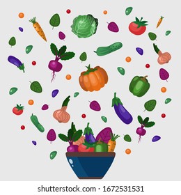 A bowl of vegetables on a light background. Healthy diet.  Can be used for print or web graphics, for infographics to illustrate a healthy lifestyle or a vegetarian, raw diet.