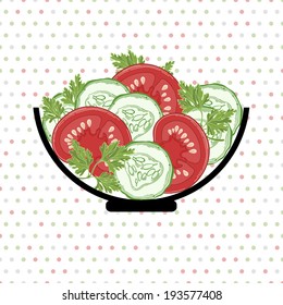 Bowl with vegetables  on a polka dot background. Vector illustration