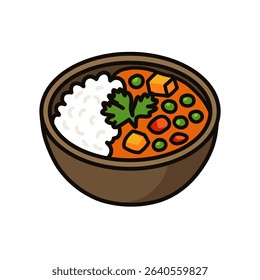 A bowl of vibrant Indian curry with rice, peas, and carrots, garnished with fresh cilantro, isolated on a white background