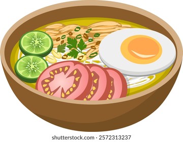 a bowl of warm soto with fried egg
