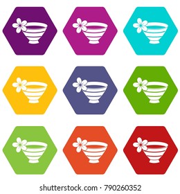 Bowl with water for spa icon set many color hexahedron isolated on white vector illustration
