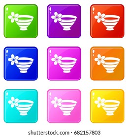 Bowl with water for spa icons of 9 color set isolated vector illustration