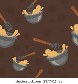 Bowl with wet ingredients mixing making dough for baking and cooking dishes. Container with whisk tool, cooking and preparing food. Seamless pattern, wallpaper or background print Vector in flat style