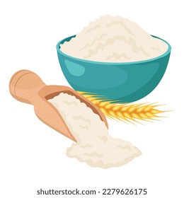 A bowl of wheat flour with an ear of wheat and a spoon. Flat vector illustration.