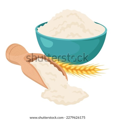 A bowl of wheat flour with an ear of wheat and a spoon. Flat vector illustration.
