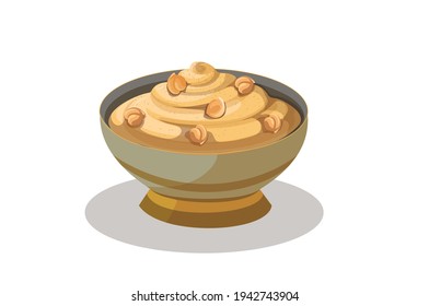 bowl of whipped dessert cream with caramel sauce and ground peanuts vector Illustration on white Background