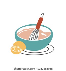 Bowl and whisk next to yellow lemons. Hand drawn vector illustration. Dotted vector illustration of kitchen element.