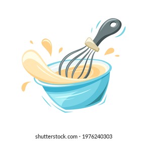 Bowl with whisk. Stylized kitchen utensil. Cartoon flat illustration of mixing or whipping dough, sauce, cream. Color isolated vector clip art on white background