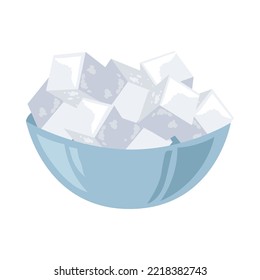 Bowl of white cube sugar. Blue bowl with sugar blocks. Vector illustration isolated in white background. Sweet food, sucrose concept.