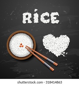 Bowl of white rice with chopsticks on  blackboard