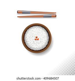 Bowl of white rice with chopsticks on blackboard isolated on white or transparent background