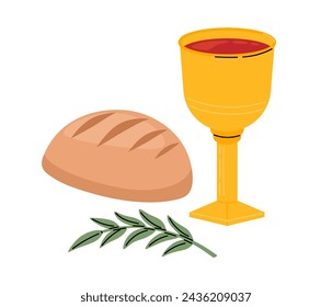 Bowl with wine, bread, palm branch icon. Easter symbol. Religious christian sign. Holy Week. Vector illustration in flat hand drawn style