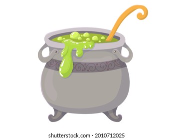 A bowl with a witch's potion. Treats. An element for celebrating Halloween. Vector illustration isolated on white background.