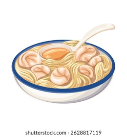Bowl of wonton noodle soup with shrimp dumplings, thin yellow noodles, and clear broth. Traditional Hong Kong dish. Cartoon vector illustration for restaurant menu or food packaging.