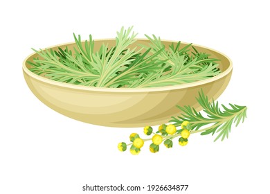 Bowl with Wormwood or Southernwood Plant with Feathery Leaves and Small Yellow Flowers Vector Illustration