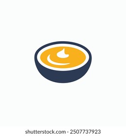 Bowl of yellow soup with drizzle. A simple, minimalist illustration of a bowl of yellow soup with a drizzle on top. The bowl is dark blue, and the soup is a vibrant yellow.