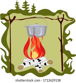 Bowler and bonfire, travel accessories, camping .Vector image