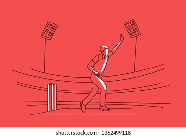 Bowler bowling in cricket championship sports. Line art vector Design.