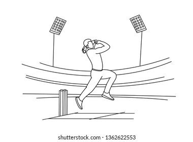 Bowler bowling in cricket championship sports. Line Art design - Vector Illustration.