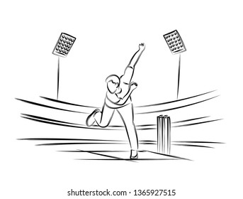 Bowler bowling in cricket championship sports. Line Art design - Vector Illustration.