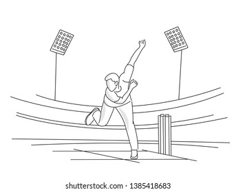 Bowler bowling in cricket championship sports. Line Art design - Vector Illustration.