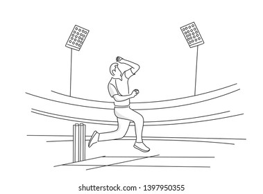 Bowler bowling in cricket championship sports. Line Art design - Vector Illustration.