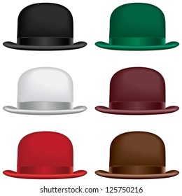 A bowler or derby hat selection in black, gray, red, green, burgundy and brown colors.