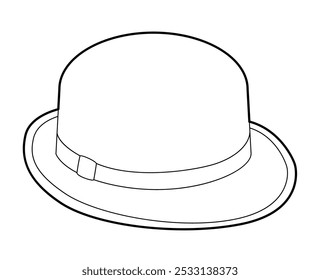 Bowler Hat with band. Head Fashion accessory cap with narrow brim clothing technical illustration. Vector headgear for Men, women, unisex style, flat template CAD mockup sketch outline isolated