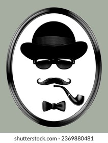 Bowler hat, black glasses, mustache, smoking pipe and bow tie as a symbol of a man's face in oval classic frame. Set of men's accessories and items. 
Vintage engraved drawing. Vector illustration