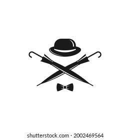 Bowler hat, bow tie and crossed cane umbrellas.  Vintage gentleman club logo. Vector illustration isolated on white. Retro salon, store emblem. Father day or hipster clip art.