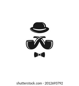 Bowler hat, bow tie and crossed smoking pipes. Vintage gentleman club logo. Vector illustration isolated on white. Retro salon, store emblem. Father day or hipster clip art.