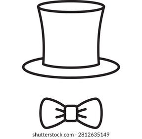 Bowler Hat and Bow Tie Icon Set with Simple Black Outline Strokes on a Clean White Background Featuring Neckwear, Formal Attire, Gentleman Style