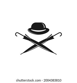 Sombrero de Bowler y paraguas de caña cruzados.  Logo del club de caballeros de época. Ilustración vectorial aislada en blanco. Salón retro, emblema de la tienda. Arte de un clip del Día del Padre o de un hipster.