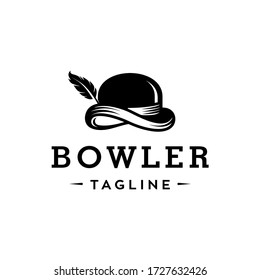 bowler hat and feather vector logo, classic black fashion icon in realistic style 