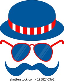 Bowler hat, glasses and mustache flat vector icon. Independence day of USA. July fourth celebration party. Objects isolated on a white background.