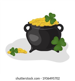 Bowler hat with gold coins and a trefoil for good luck. The precious wealth of the leprechaun. Legendary treasures for the lucky ones. St.Patrick s Day. Ireland Holidays